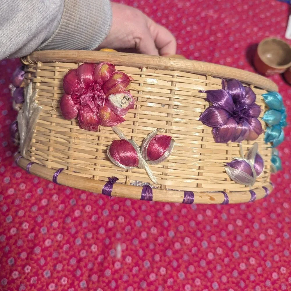 Vintage Wicker Food Cover Floral 3D Embroidery Picnic MCM Boho Raffia‎